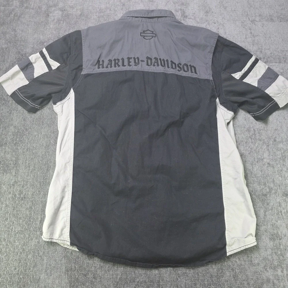 Harley Davidson Embroidered Colorblock Button Down Shirt Mens XL Black Gray Bike